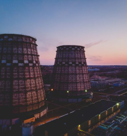 Aerial shot of two power plant during sunset in Vilnius